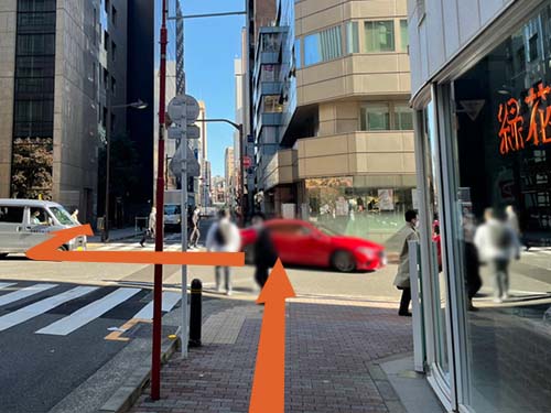 「緑化堂」が見えてきます。向かいの道路渡ったら左折して横断歩道を渡り、右折し真っ直ぐ進みます。