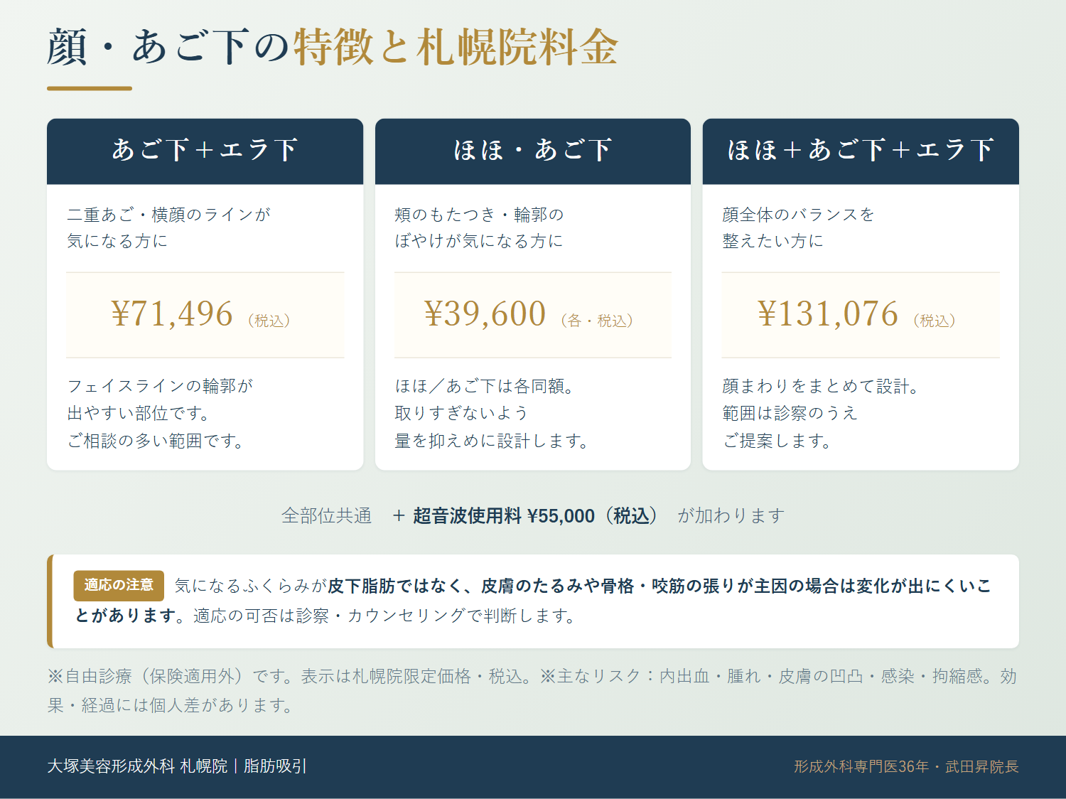 顔・あご下の脂肪吸引の特徴と札幌院料金。あご下＋エラ下¥71,496、ほほ・あご下 各¥39,600、ほほ＋あご下＋エラ下¥131,076（いずれも税込）